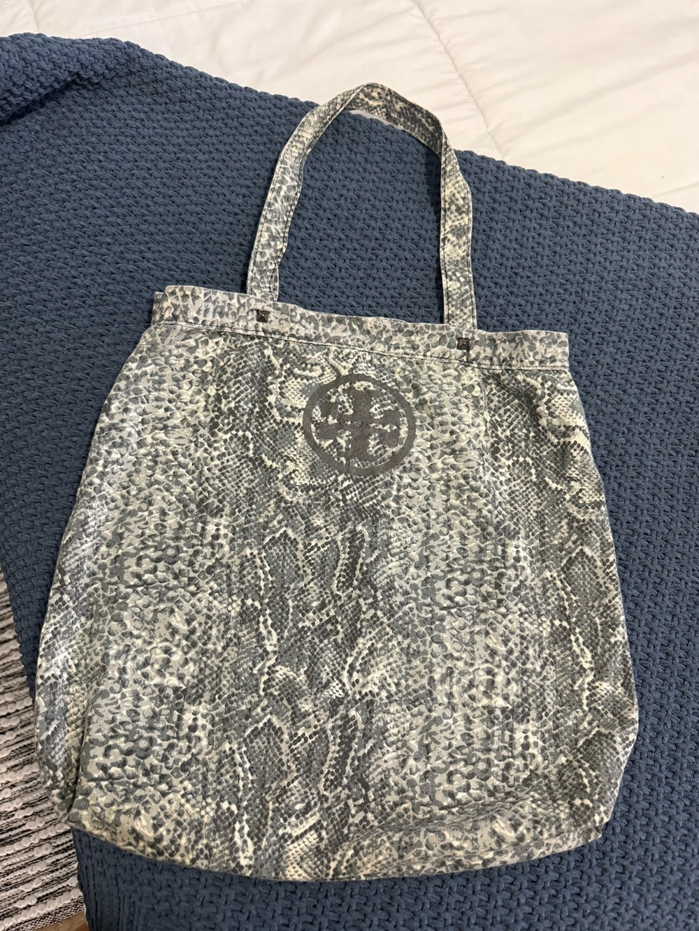 Tory Burch Grey Snake-Print Canvas Tote with Logo